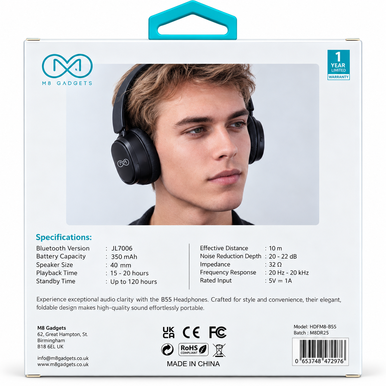 M8 Gadgets B55 Active Noise Cancelling Wireless Headphones – HDFM8-B55 (Black)