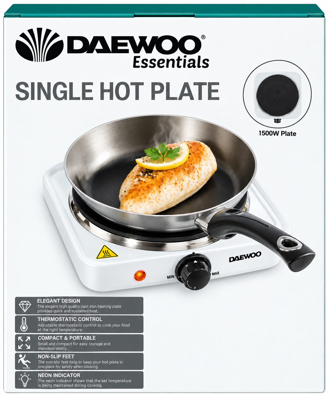 Daewoo Essentials 1500W Single Hot Plate Portable Electric Hob – SDA1675