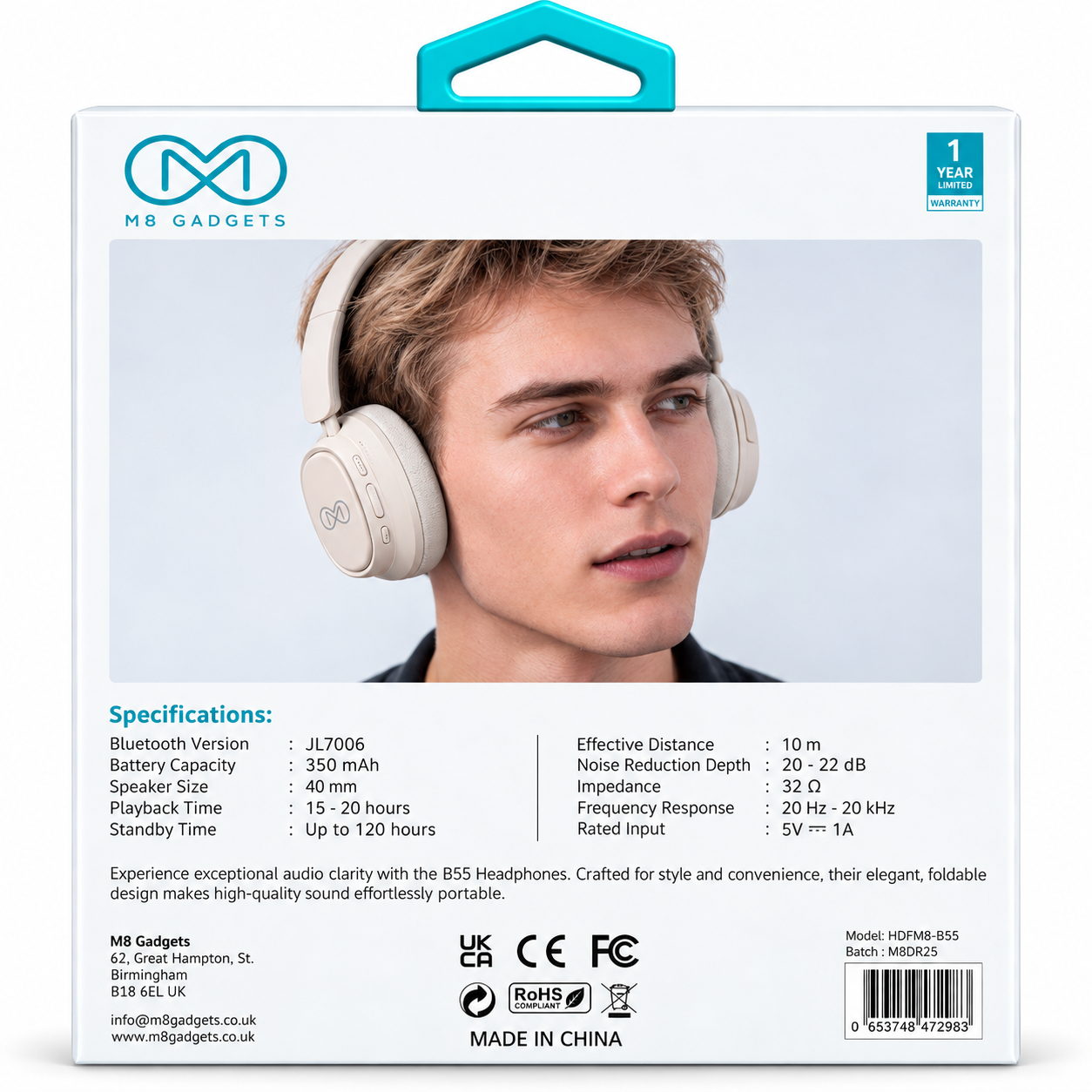 M8 Gadgets B55 Active Noise Cancelling Wireless Headphones – HDFM8-B55