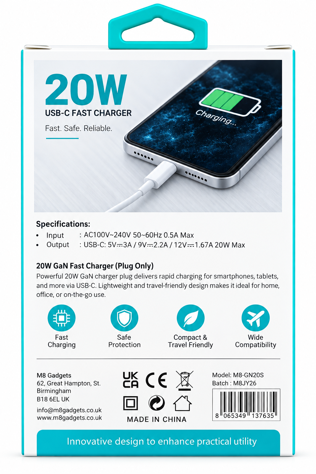 M8 Gadgets 20W GaN Fast Charger Plug Only – M8-GN20S