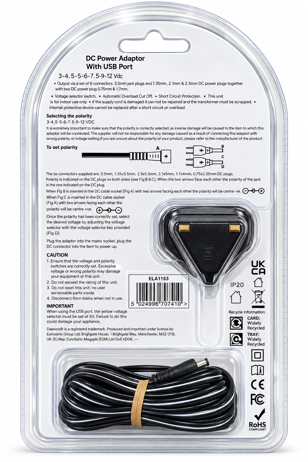 Daewoo Universal Multi-Voltage DC Power Adaptor with USB Port – ELA1135