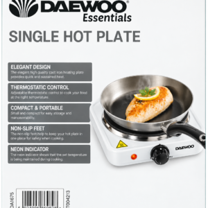 Daewoo Essentials 1500W Single Hot Plate Portable Electric Hob – SDA1675